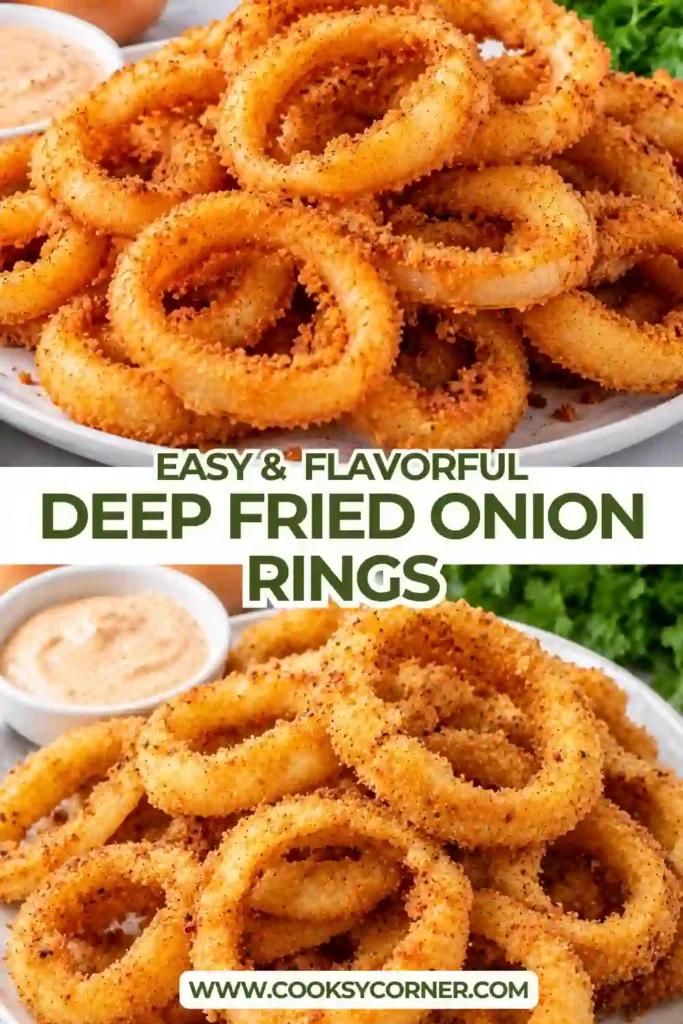 Restaurant style onion rings with crisp golden panko breading arranged on a plate. The freshly fried onion rings have crunchy edges and tender centers.