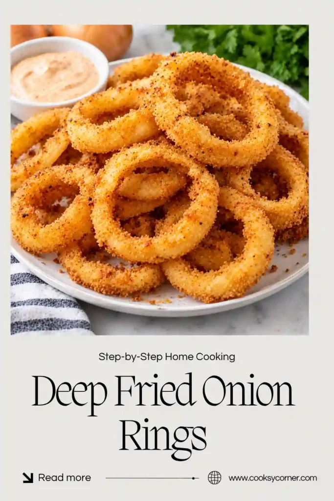 Golden panko onion rings with a crunchy breaded exterior and tender sweet onion inside. These deep fried onion rings are served fresh with dipping sauce.
