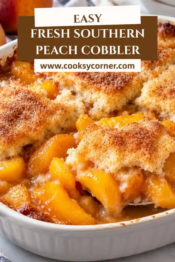 Fresh peach cobbler served warm with tender peach slices beneath a crisp golden topping. Cinnamon and brown sugar give this Southern dessert a rich, comforting finish.