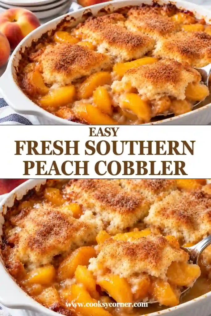 Warm homemade peach cobbler made with fresh peaches, brown sugar, cinnamon, and a golden biscuit-style topping. The fruit filling is juicy and caramelized around the edges.