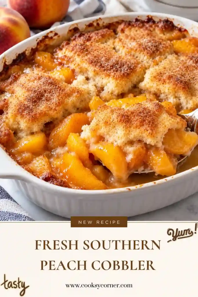 Fresh Southern Peach Cobbler baked until golden with juicy cinnamon-spiced peaches bubbling around the edges. The homemade cobbler has a rustic buttery topping sprinkled with cinnamon sugar.