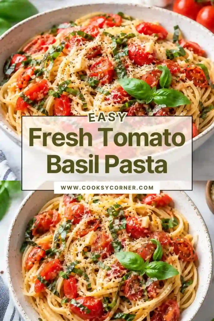 Easy Fresh Tomato Basil Pasta topped with Parmesan and fragrant basil leaves. Penne pasta is surrounded by juicy burst cherry tomatoes in a fresh garlic and olive oil sauce.