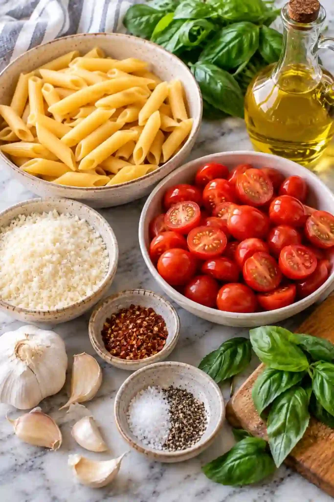 Fresh Tomato Basil Pasta with penne, juicy cherry tomatoes, fresh basil, garlic, and grated Parmesan. The pasta is coated in a light homemade tomato sauce with visible pieces of burst tomatoes.
