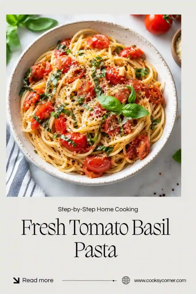 Fresh cherry tomato pasta tossed with garlic, basil, Parmesan, and a light tomato sauce. Bright red tomatoes and green basil create a colorful 20-minute pasta dinner.