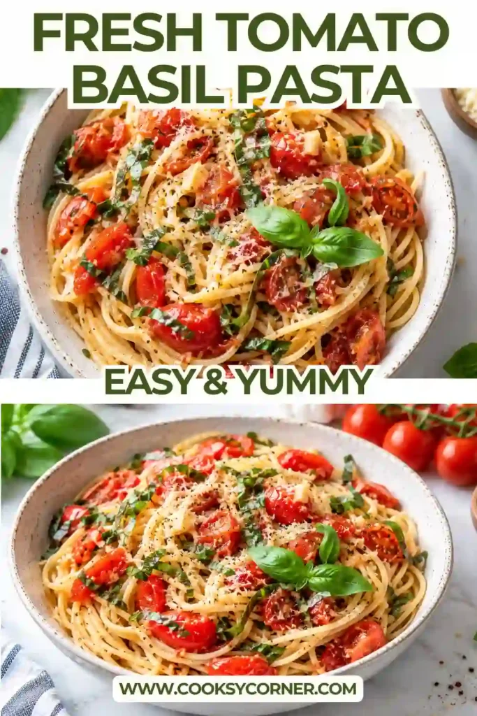Tomato basil pasta served in a shallow bowl with colorful cherry tomatoes, fresh basil leaves, and grated Parmesan. The simple pasta is coated with olive oil and fresh tomato juices.