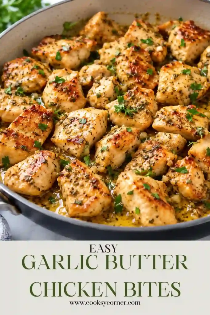 Easy skillet chicken bites tossed with melted garlic butter, Italian seasoning, and fresh parsley. The bite-sized chicken pieces are golden outside and tender inside.