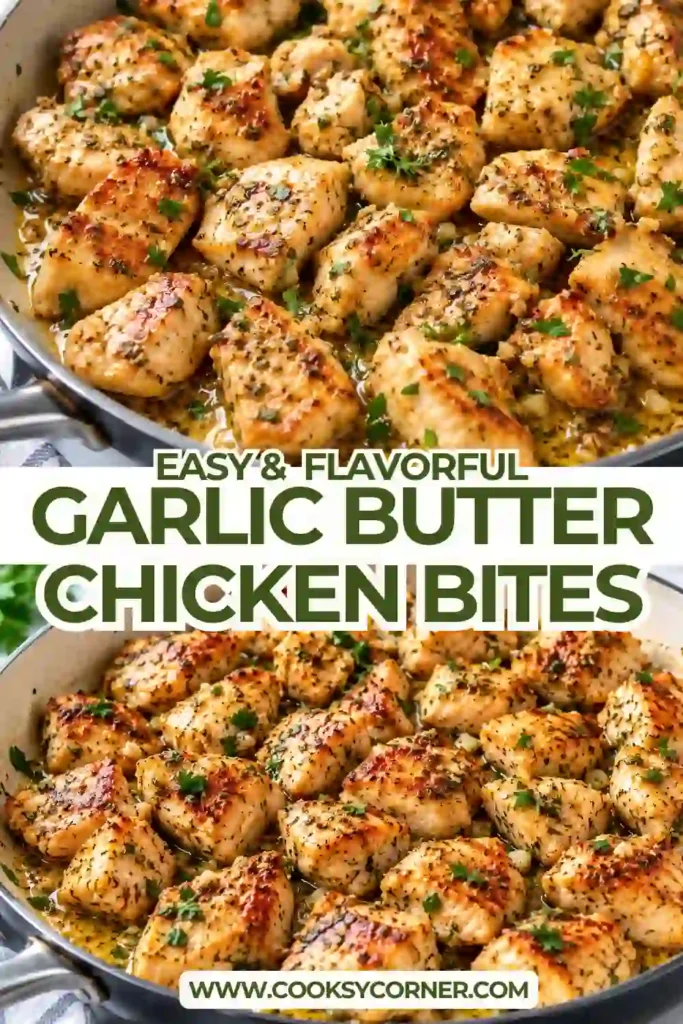 Juicy garlic butter chicken bites with golden edges and chopped fresh parsley in a skillet. The tender chicken breast bites are coated in a savory garlic herb butter sauce.
