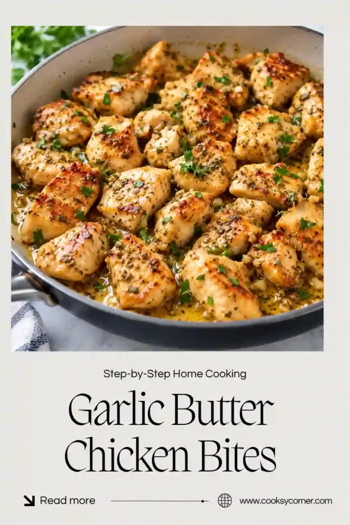 Garlic Butter Chicken Bites cooked until golden brown and coated with fresh garlic, melted butter, and parsley. This easy 15-minute chicken recipe is prepared in one skillet.