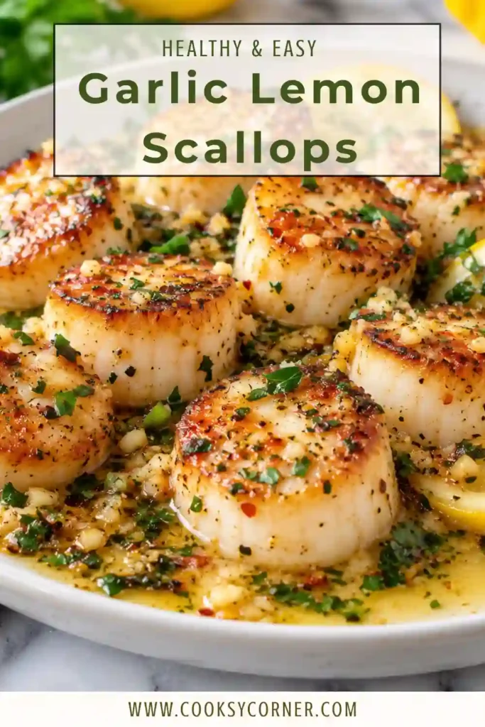Garlic butter scallops topped with fresh herbs and served with lemon wedges. The large sea scallops are pan seared until golden and finished with buttery garlic lemon sauce.