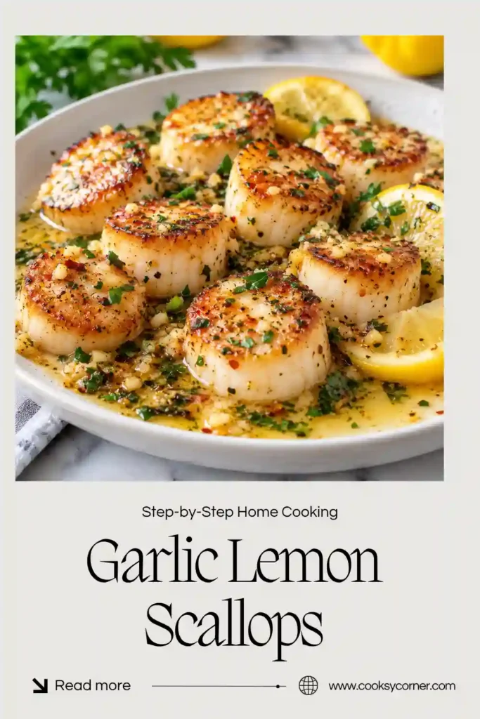 Golden pan seared scallops served in a savory lemon garlic butter sauce. These easy garlic lemon scallops have caramelized edges and a tender center.