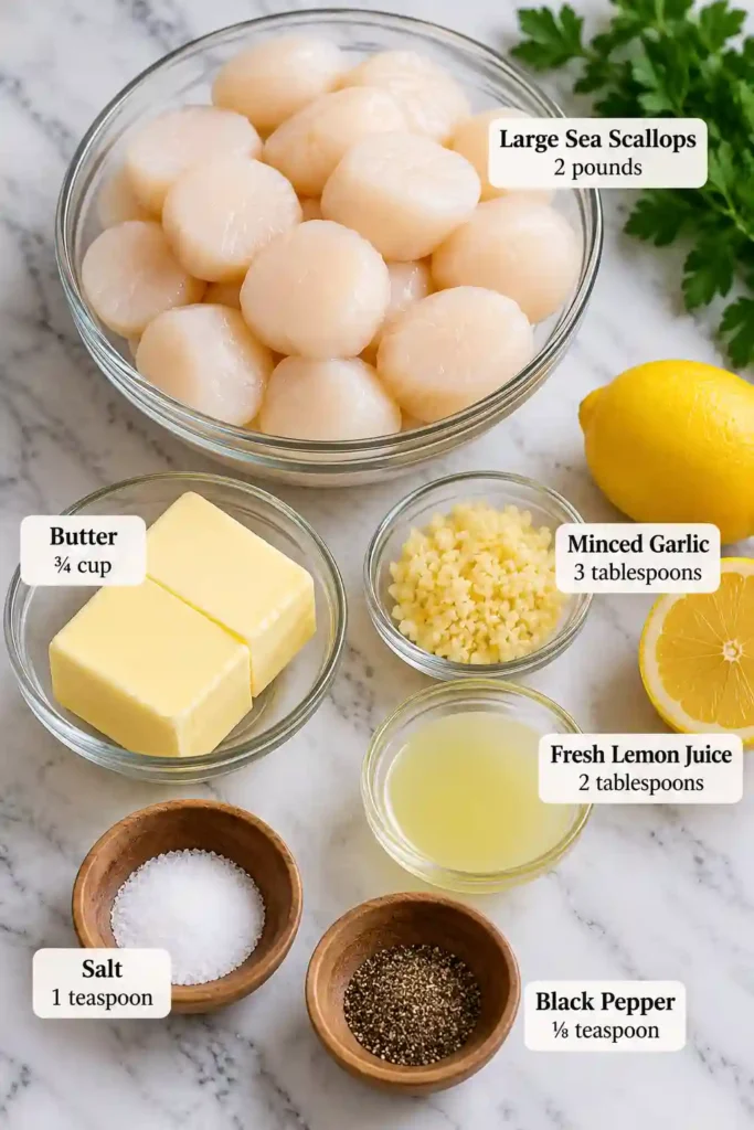 Easy Garlic Lemon Scallops served warm with melted lemon butter and minced garlic. The pan seared sea scallops are golden outside and tender inside.