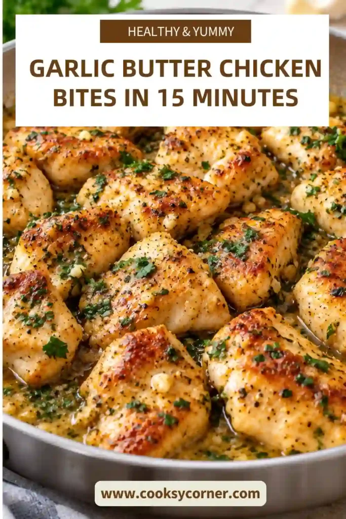 Juicy garlic butter chicken pieces with browned edges, minced garlic, and fresh parsley. This easy chicken bites recipe is prepared in one skillet for a quick weeknight dinner.