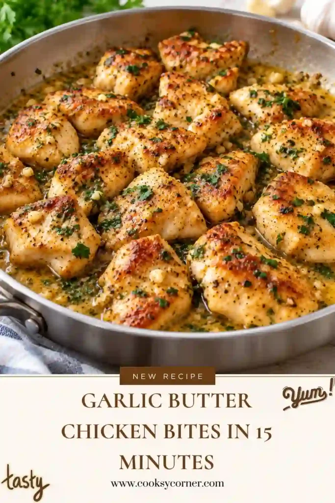 Garlic Butter Chicken Bites cooked until golden brown and coated with fresh garlic, melted butter, and parsley. These juicy skillet chicken bites make an easy 15-minute dinner.