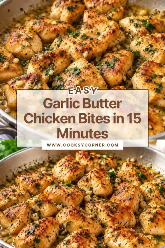 Garlic Butter Chicken Bites cooked until golden brown and coated with fresh garlic, melted butter, and parsley. These juicy skillet chicken bites make an easy 15-minute dinner.