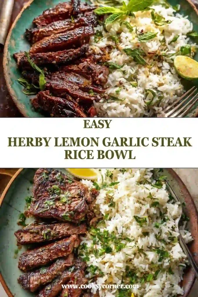 A Herby Lemon Garlic Steak Rice Bowl filled with tender sliced flank steak, fluffy basmati rice, and fresh green herbs. Creamy avocado slices and a bright lemon-garlic sauce complete the Mediterranean-inspired dish.