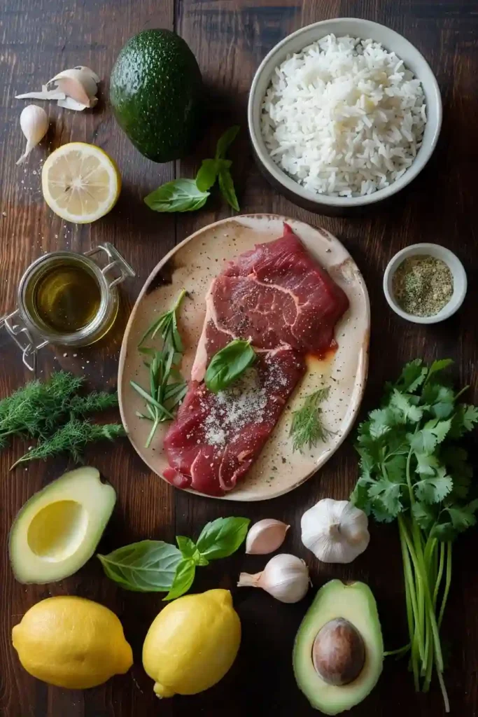 Vertical food photograph of a Herby Lemon Garlic Steak Rice Bowl with tender grilled beef, fluffy herb rice, and sliced avocado. Fresh lemon and colorful herbs highlight this easy 30-minute steak dinner.
