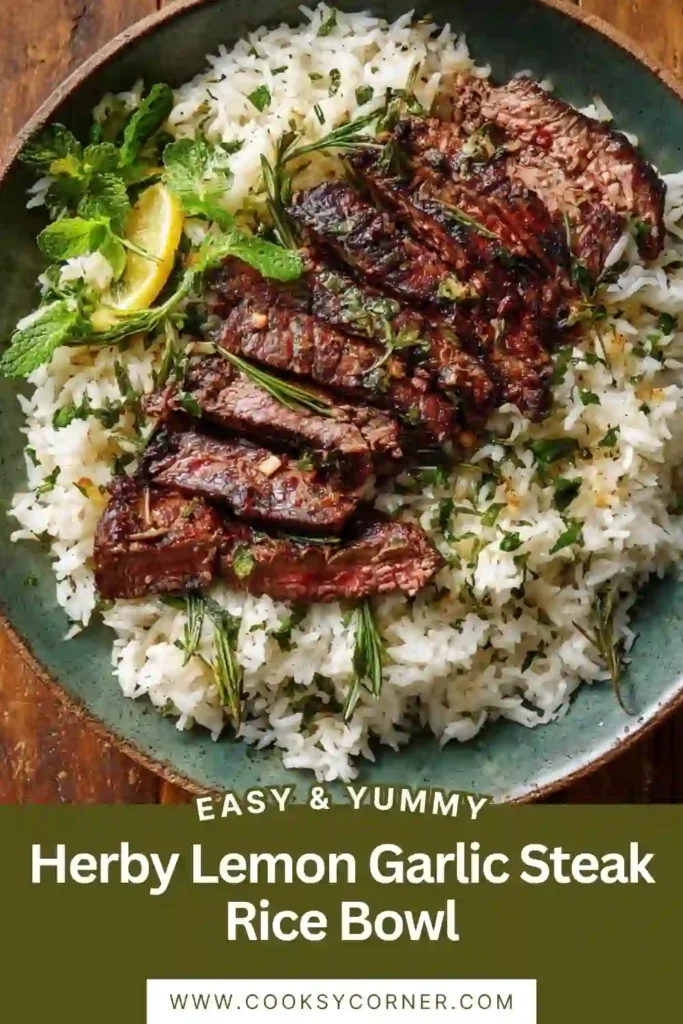 Close-up of juicy sliced flank steak served over fragrant basmati rice with a savory lemon-garlic sauce. Fresh herbs and avocado make this easy steak rice bowl colorful and inviting.