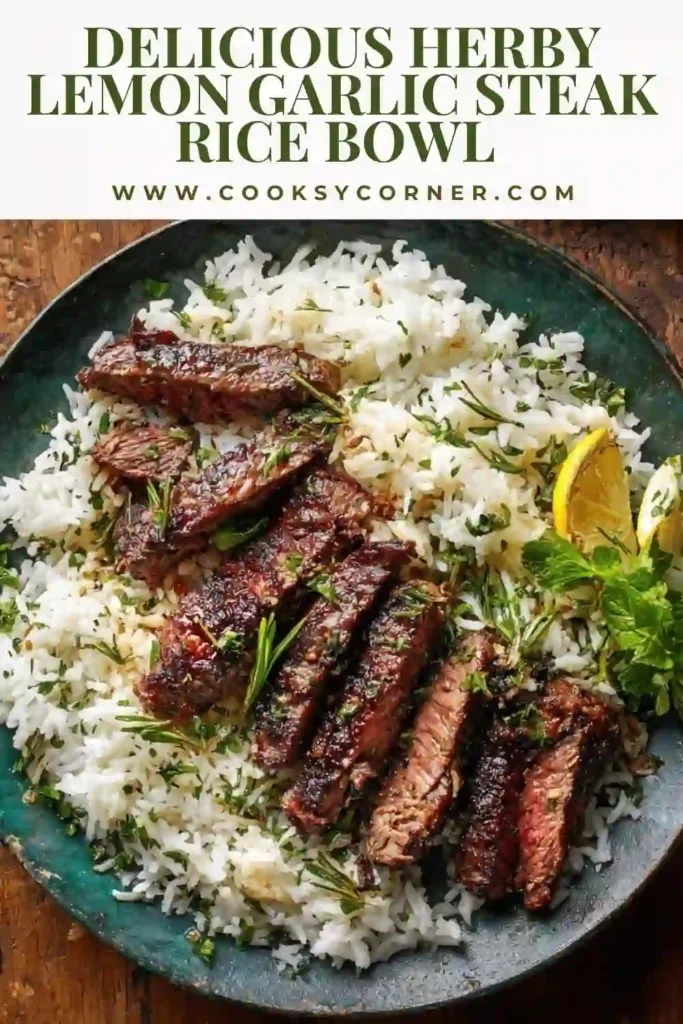 A Mediterranean steak bowl topped with grilled flank steak, fresh basil, cilantro, dill, and creamy avocado. Lemon zest and herb-infused basmati rice add freshness to this colorful homemade dinner.