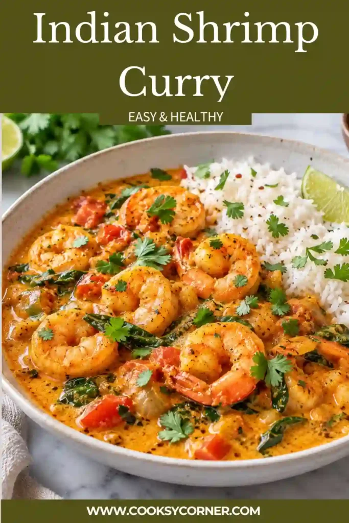 Easy Indian Shrimp Curry with coconut milk, tomatoes, aromatic spices, and fresh cilantro. The creamy shrimp curry is served warm with fluffy basmati rice.