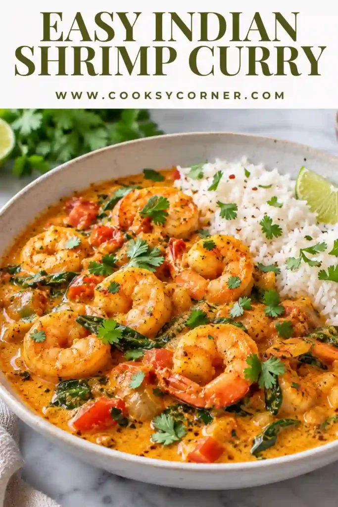 Indian Shrimp Curry served in a bowl with tender shrimp and creamy coconut tomato sauce. The curry is flavored with turmeric, cumin, ginger, garlic, and fresh cilantro.