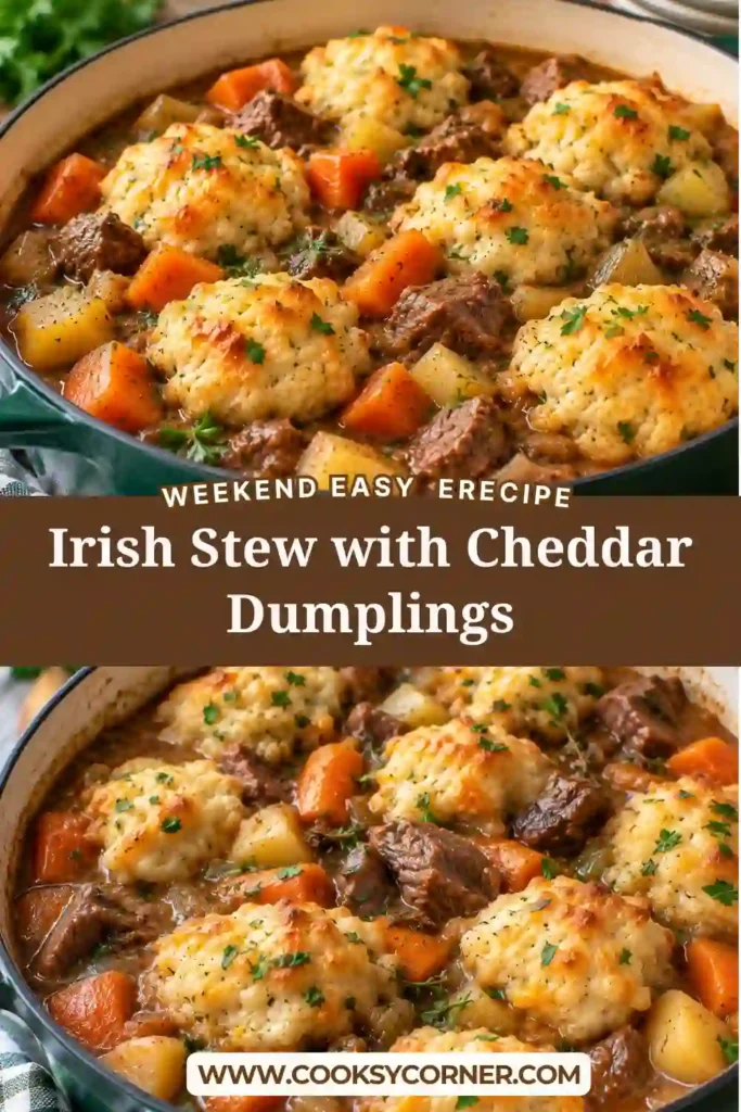 rish-style beef stew topped with homemade Cheddar garlic dumplings. The thick savory stew contains beef, potatoes, carrots, mushrooms, celery, and onions.