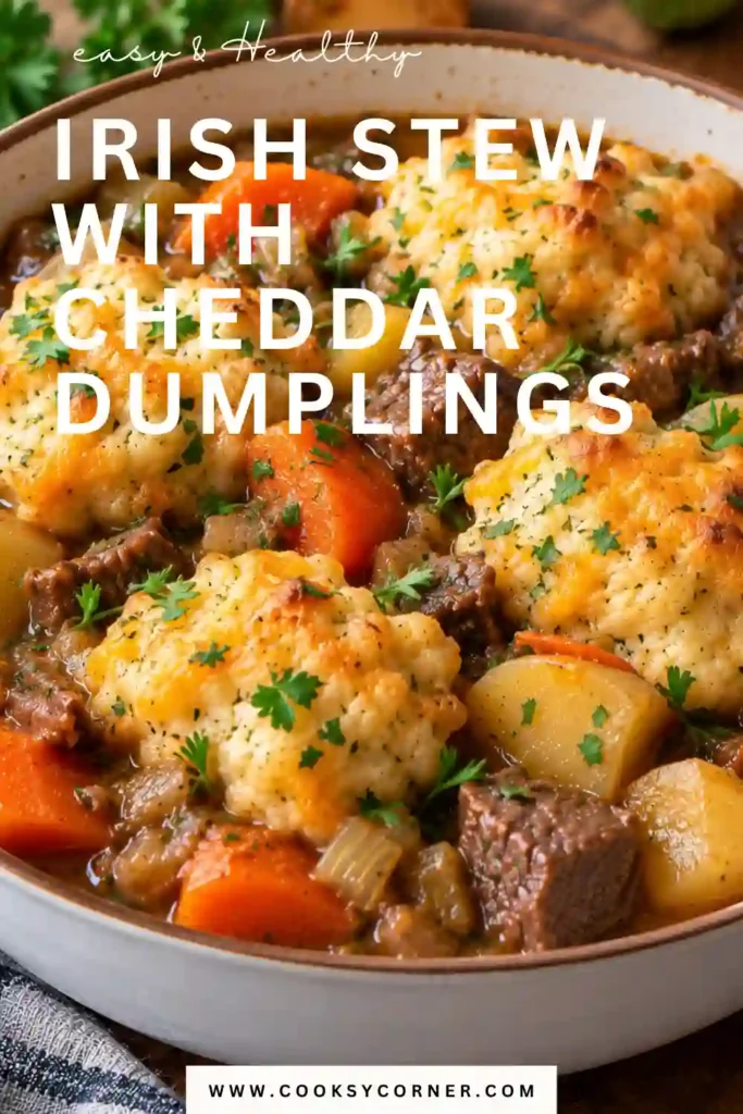 Hearty beef stew with Cheddar dumplings baked until fluffy and golden. Tender beef, baby potatoes, carrots, pearl onions, and mushrooms fill the rich brown gravy underneath.