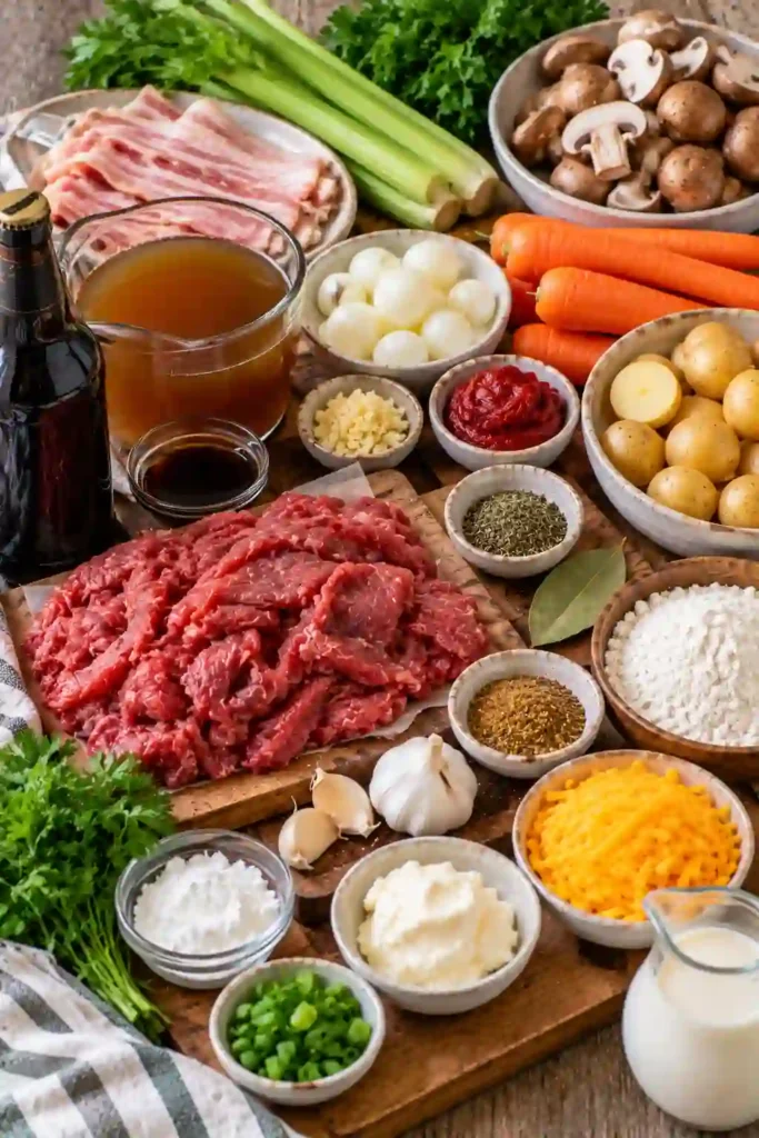 Beef stew with Cheddar dumplings served hot in a deep skillet. Golden dumplings cover a rich gravy filled with tender beef and colorful vegetables.