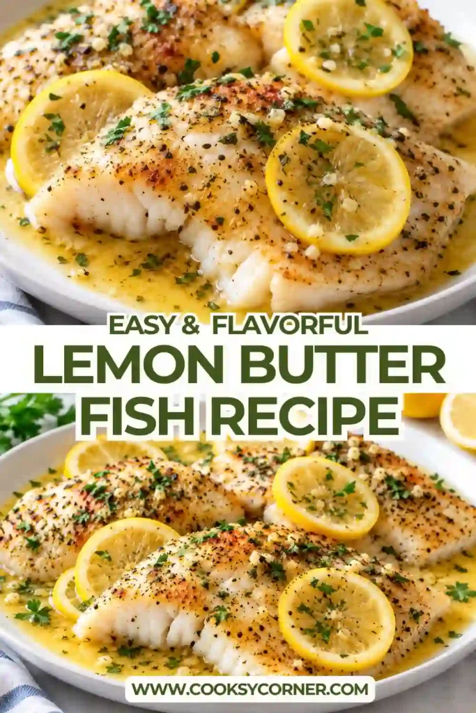 Lemon Butter Fish served with fresh lemon slices and chopped parsley. The pan fried fish has a golden exterior and is finished with a bright lemon butter sauce.