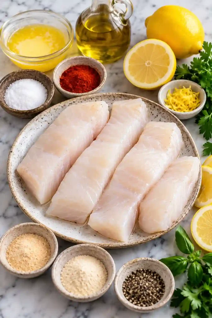 Pan fried white fish served with homemade lemon butter sauce and fresh herbs. This easy fish dinner has golden edges and a moist, flaky center.