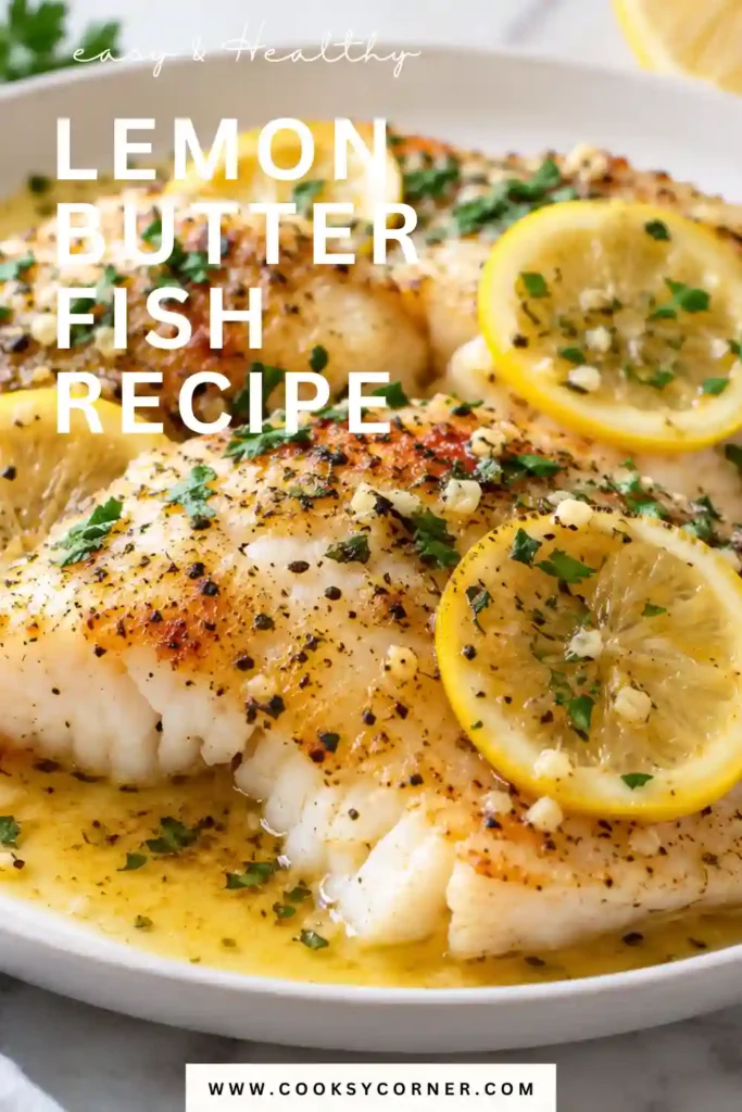 Freshly cooked Lemon Butter Fish with a golden crust, parsley, and lemon wedges. The tender white fish is finished with a flavorful garlic lemon butter sauce.