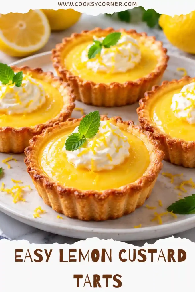 Easy Lemon Custard Tarts arranged on a serving platter with creamy yellow filling and crisp cookie cups. Whipped cream and quartered lemon slices decorate each mini dessert.