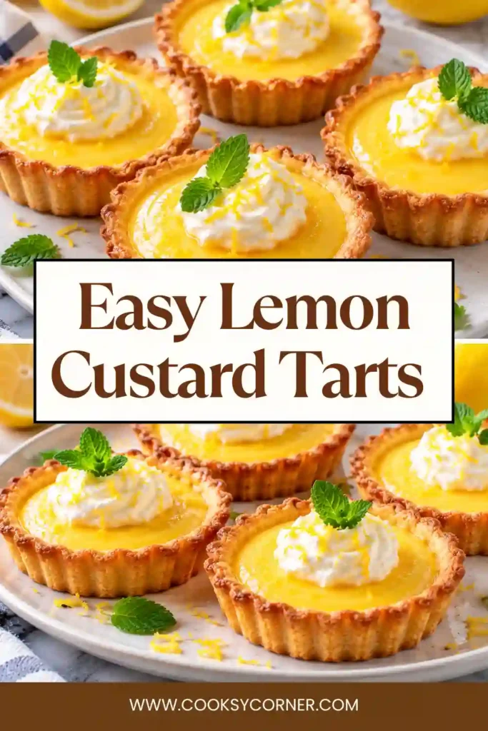 Lemon Custard Tarts filled with smooth homemade lemon custard and topped with whipped cream. The mini tarts have crisp cookie shells and fresh lemon slices for a bright citrus finish.
