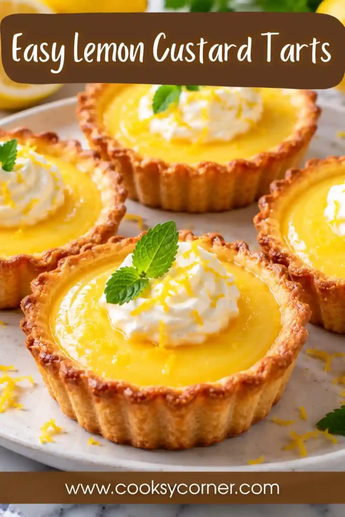 Mini lemon custard tarts made in a muffin pan with buttery cookie shells. Each tart is filled with creamy lemon custard and decorated with whipped cream and fresh lemon.