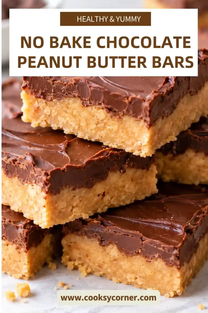 Homemade No-Bake Chocolate Peanut Butter Bars stacked on a serving plate. Each square features a soft peanut butter base topped with a glossy layer of semi-sweet chocolate.