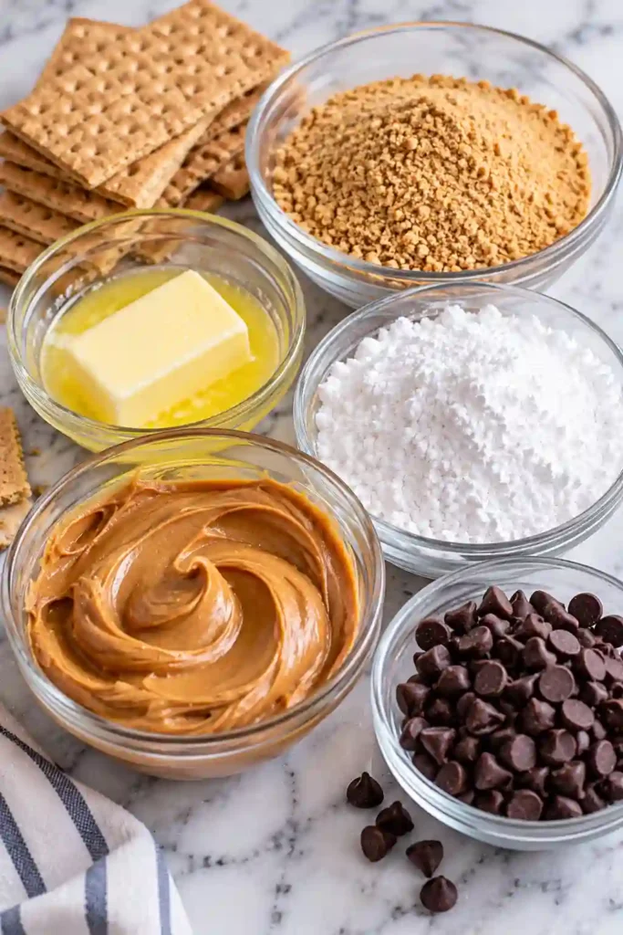 Easy chocolate peanut butter squares with a buttery graham cracker peanut butter layer and firm chocolate topping. The chilled no bake bars are sliced and ready to serve.