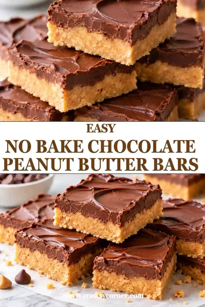 Chocolate peanut butter bars cut into squares with a rich dark chocolate layer over a creamy graham cracker and peanut butter base. These easy no bake dessert bars have two distinct layers.