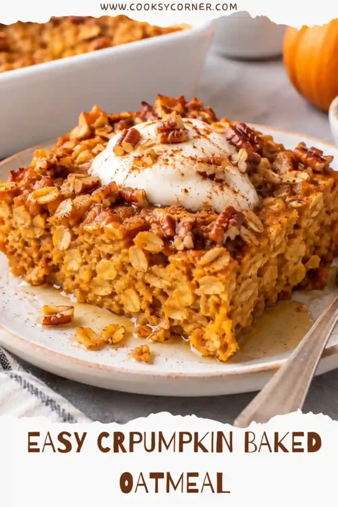 Homemade pumpkin oatmeal baked until golden and sliced into individual breakfast portions. The soft oat squares are topped with nuts and a drizzle of maple syrup.