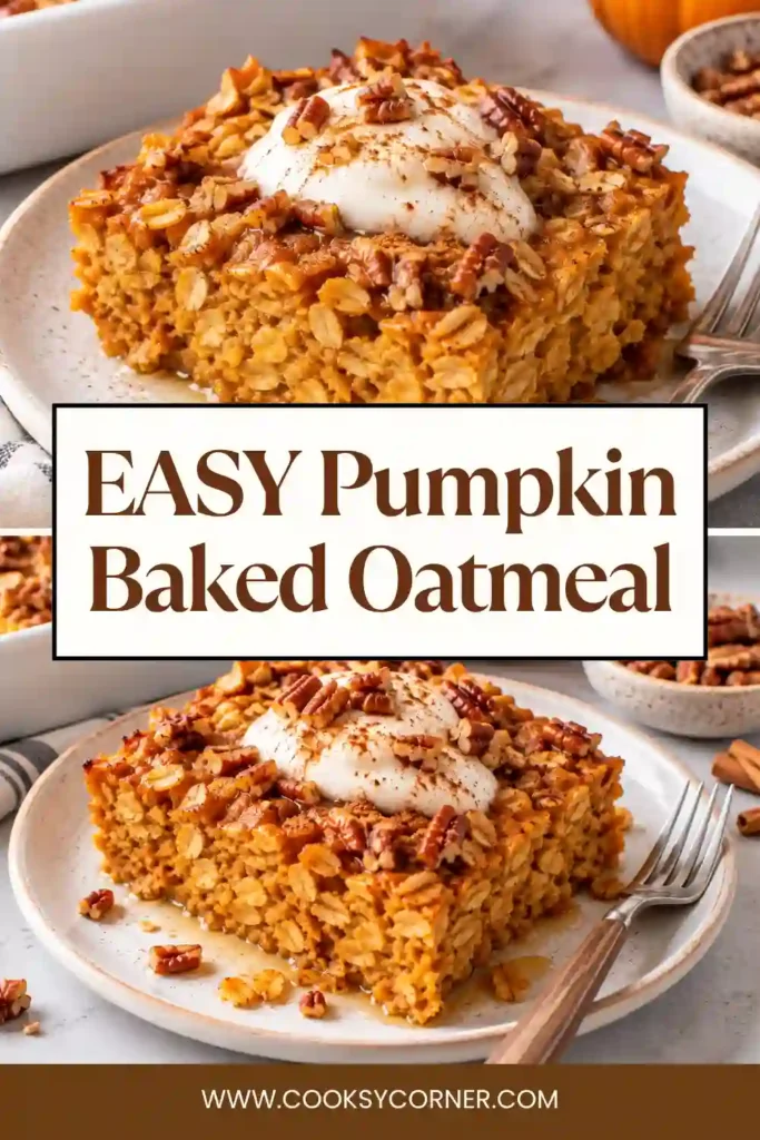 Easy Pumpkin Baked Oatmeal made with rolled oats, pumpkin puree, maple syrup, and pumpkin pie spice. Warm oatmeal squares are served with yogurt and chopped pecans.