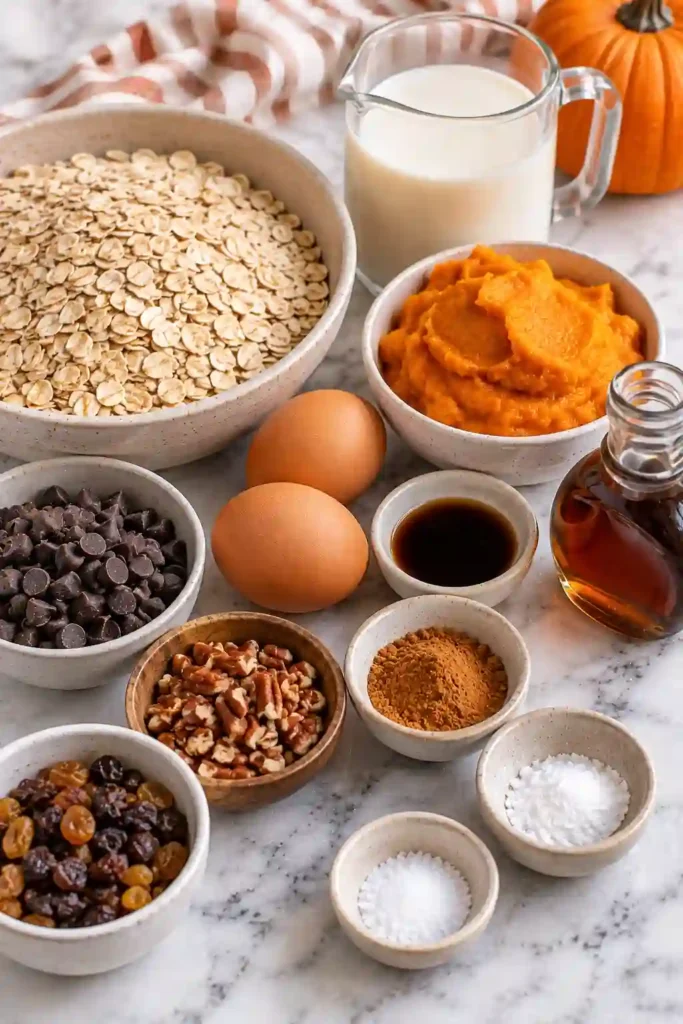 Warm Pumpkin Baked Oatmeal with visible rolled oats, pumpkin spice, and a golden baked surface. A serving is topped with creamy yogurt, pecans, and maple syrup.
