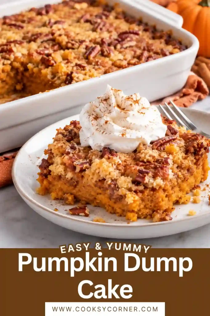 Pumpkin Dump Cake with a creamy spiced pumpkin filling and golden buttery cake topping. Chopped pecans add a crunchy finish to this easy fall dessert.