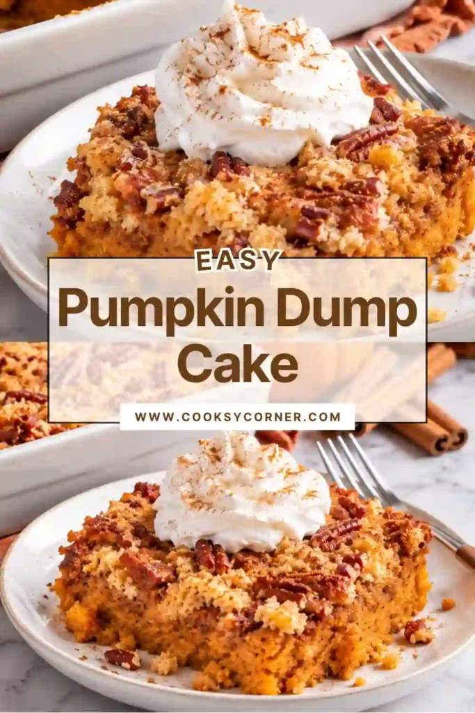 Homemade Pumpkin Dump Cake featuring pumpkin, cinnamon, brown sugar, and a buttery pecan cake topping. The creamy filling contrasts with the crisp golden surface.