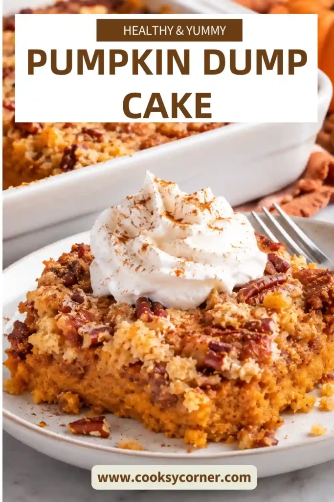 Easy pumpkin dump cake baked until golden with a soft pumpkin filling, spice cake topping, and crunchy pecans. The fall dessert is served warm in a baking dish.