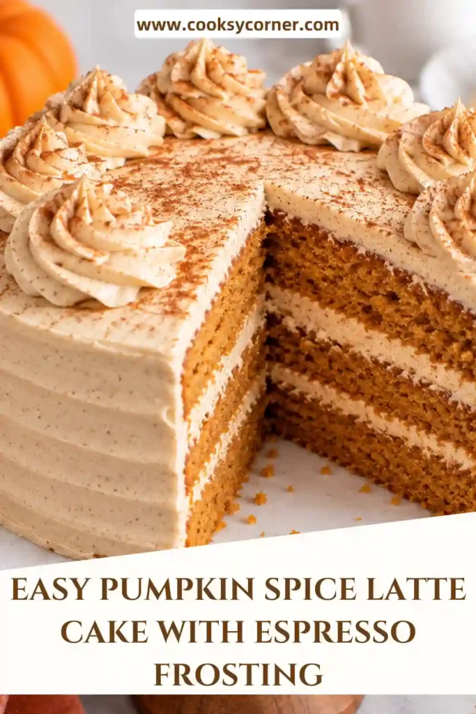 Moist Pumpkin Spice Latte Cake with smooth coffee buttercream frosting. A slice shows the soft pumpkin spice cake beneath a thick layer of creamy espresso frosting.