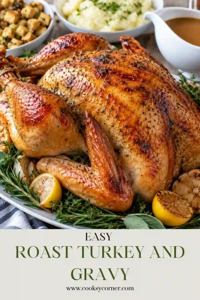 Classic Thanksgiving turkey roasted until deep golden brown and garnished with sage and rosemary. Rich gravy from turkey drippings accompanies the whole roast turkey.