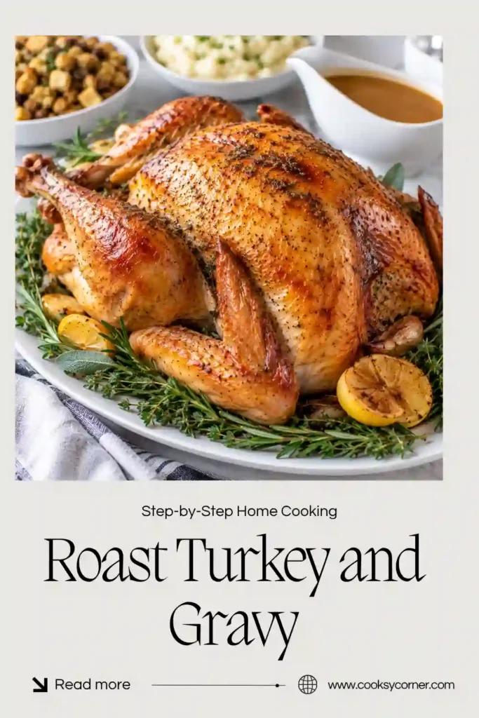 uicy oven roasted turkey with crisp golden skin surrounded by fresh herbs and roasted vegetables. Homemade turkey gravy made from pan drippings is served beside the holiday centerpiece.