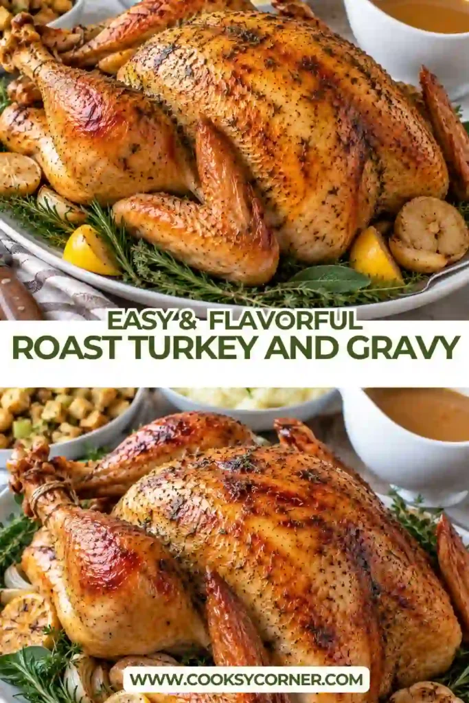 Roast Turkey and Gravy served on a holiday platter with golden herb-buttered skin, fresh sage, and rosemary. A bowl of rich homemade turkey gravy sits alongside the carved turkey