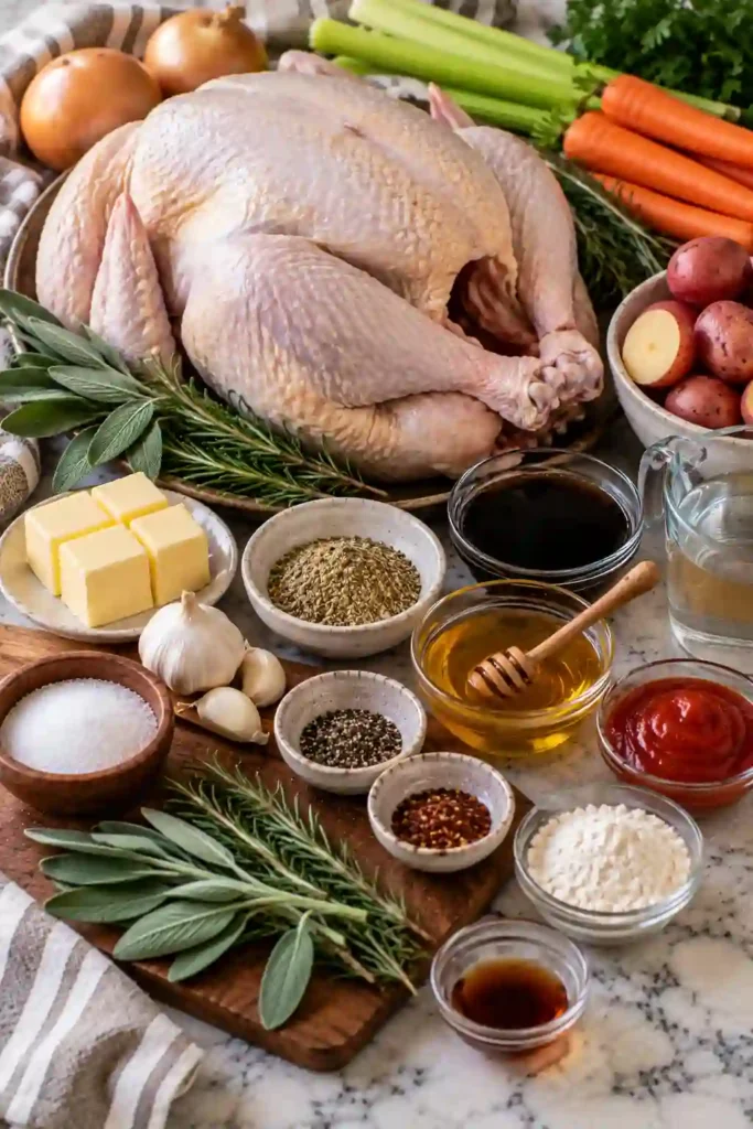 Herb butter roast turkey with golden crispy skin served on a large platter with carrots, celery, onions, and fresh herbs. Silky homemade gravy completes the traditional holiday meal.
