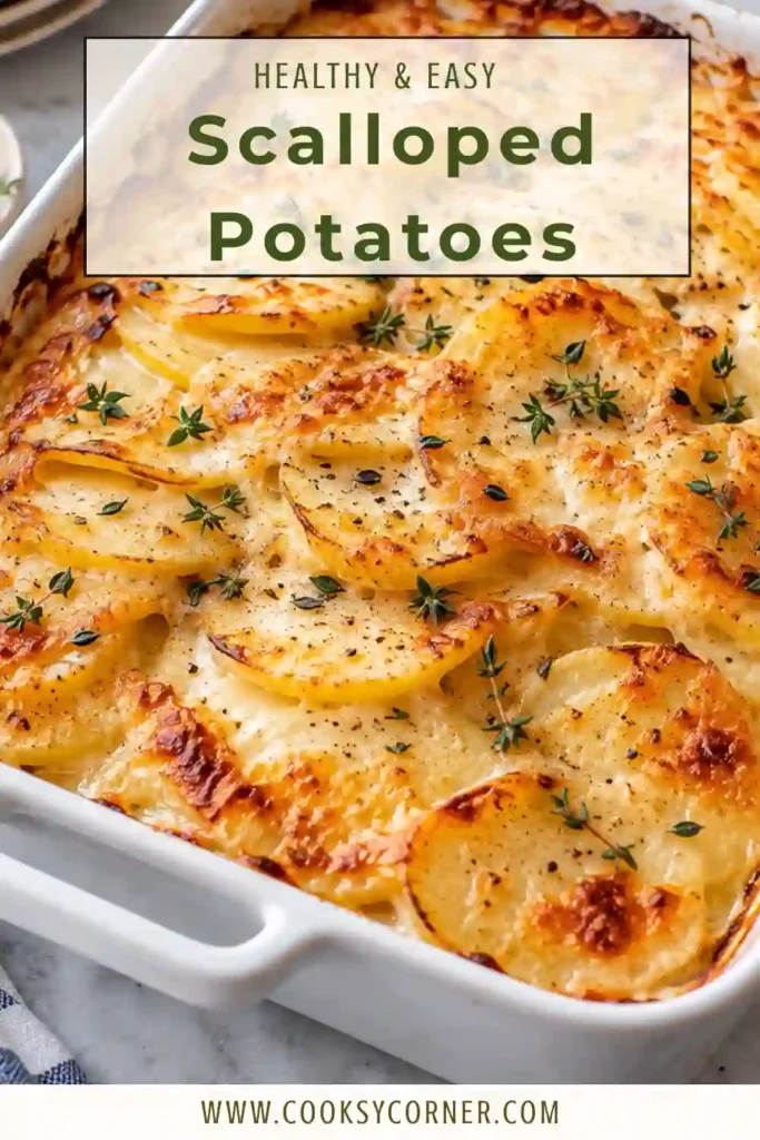 Homemade Scalloped Potatoes layered with onions, creamy sauce, and melted cheddar cheese. The top is bubbling and golden with visible layers of tender Yukon Gold potatoes.