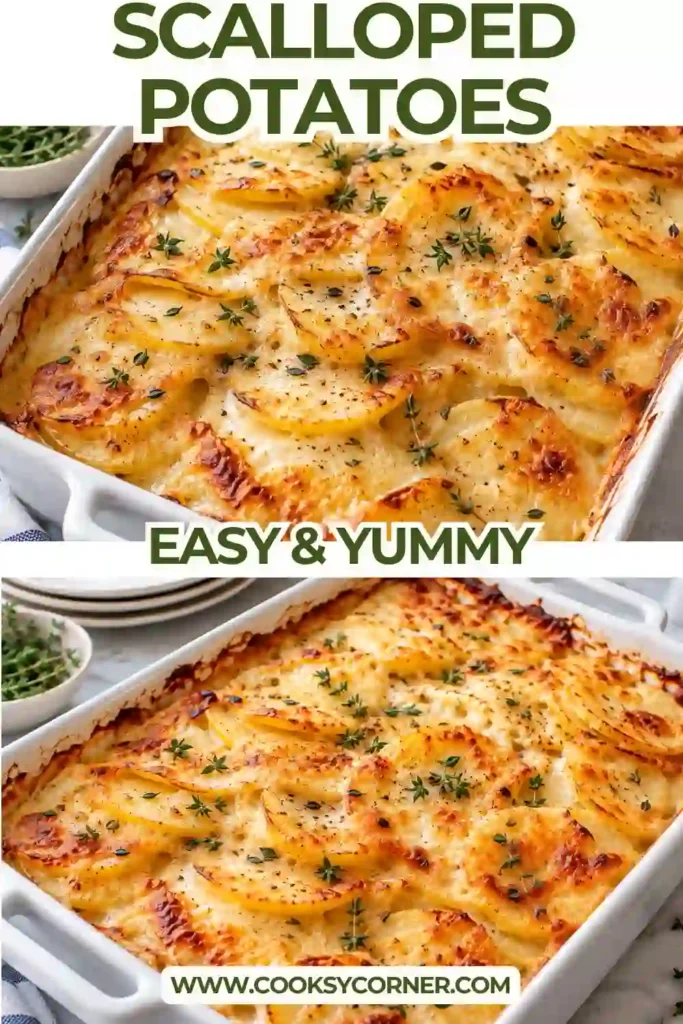 Creamy scalloped potatoes in a baking dish with tender sliced potatoes and browned melted cheddar. The cheesy potato casserole is garnished with fresh thyme before serving.