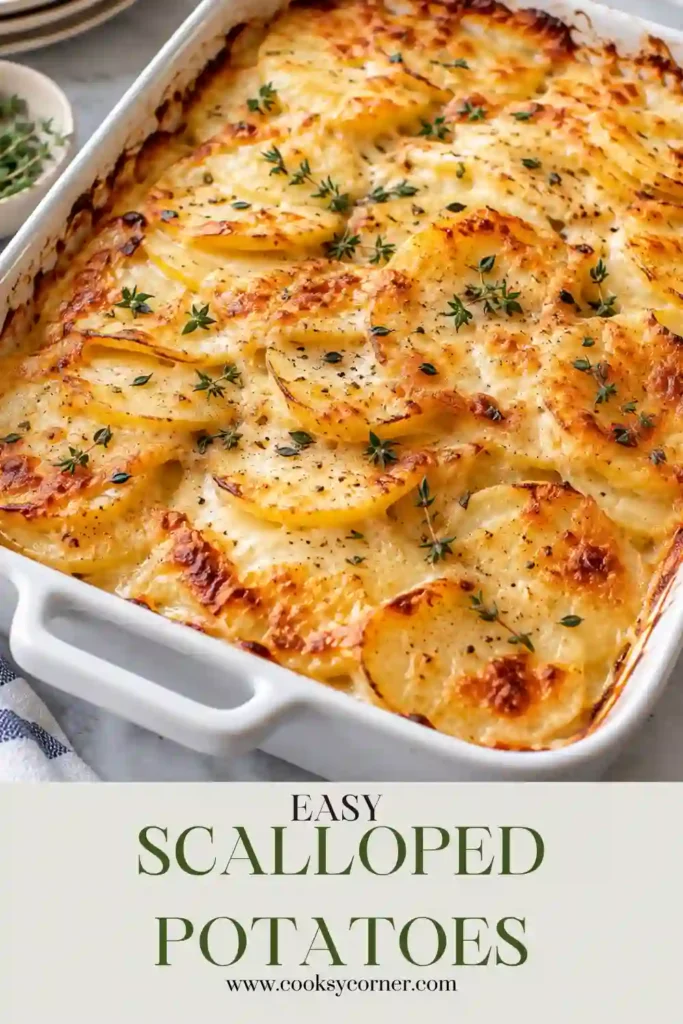 Scalloped Potatoes baked with thin layers of Yukon Gold potatoes, creamy garlic sauce, onions, and golden cheddar cheese. Fresh thyme adds color to the bubbling cheesy potato casserole.
